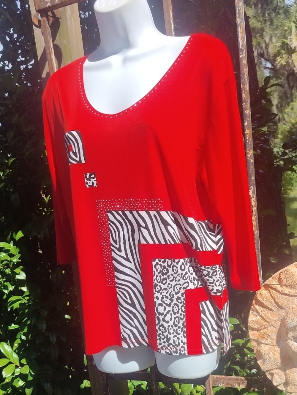 Valentina Red V-Neck Tunic with Zebra & Leopard Panels